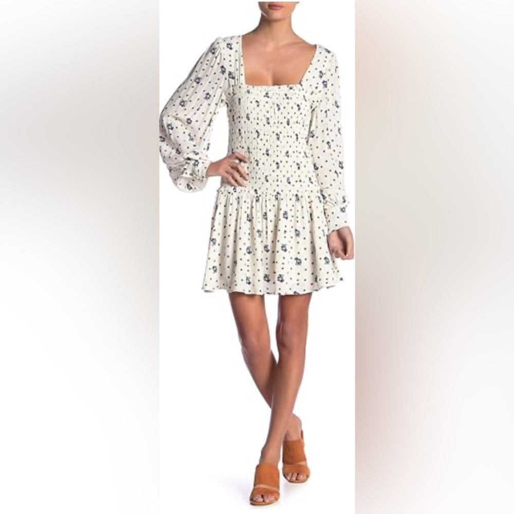 Free People Two Faces Ruched Waist Blouson Sleeves Keyhole Back Mini Dress L
